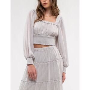 By the River large two piece long sleeve grey gold specked crop top lined maxi